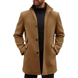 Men's Brown Pea Coats Single Breasted Stand Collar Casual Slim Fit Trench